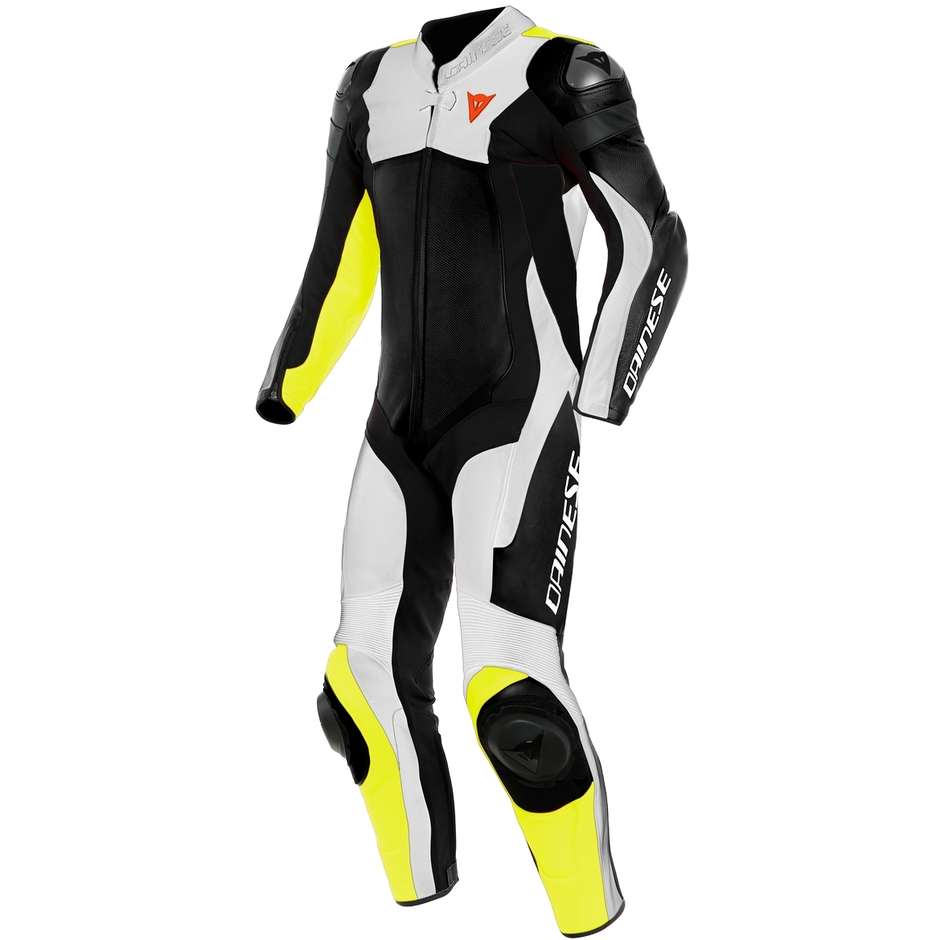 One Piece Moto Racing Leather Suit Dainese ASSEN 2 1pc Perforated Black White Yellow Fluo