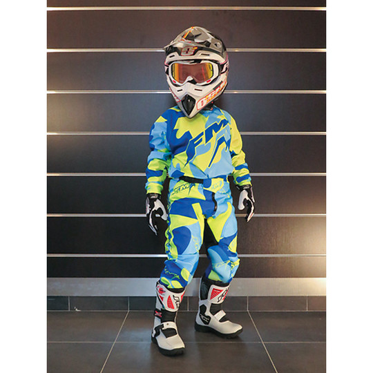 Pantalon Moto Cross Enduro Fm Racing Camo Youth De Enfant Jaune Fluo bleu cyan