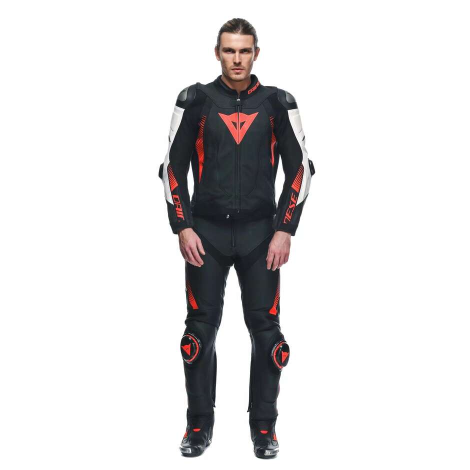 Pantalone Moto Pelle Dainese SUPER SPEED PERFORATO # Nero Bianco Rosso Fluo