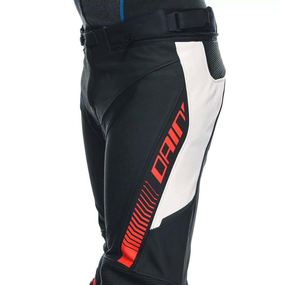 Pantalone Moto Pelle Dainese SUPER SPEED PERFORATO # Nero Bianco Rosso Fluo