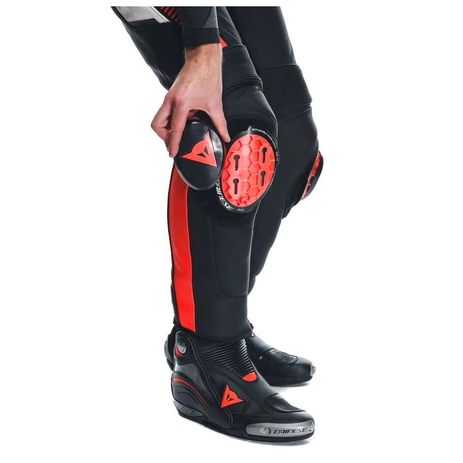 Pantalone Moto Pelle Dainese SUPER SPEED PERFORATO # Nero Bianco Rosso Fluo