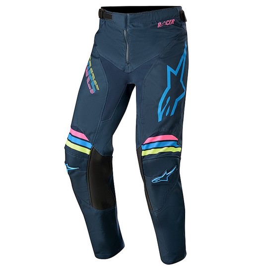 Pantaloni da Bambino Cross Enduro Moto Alpinestars MX20 Youth Racer Braap Navy Acqua Rosa Fluo