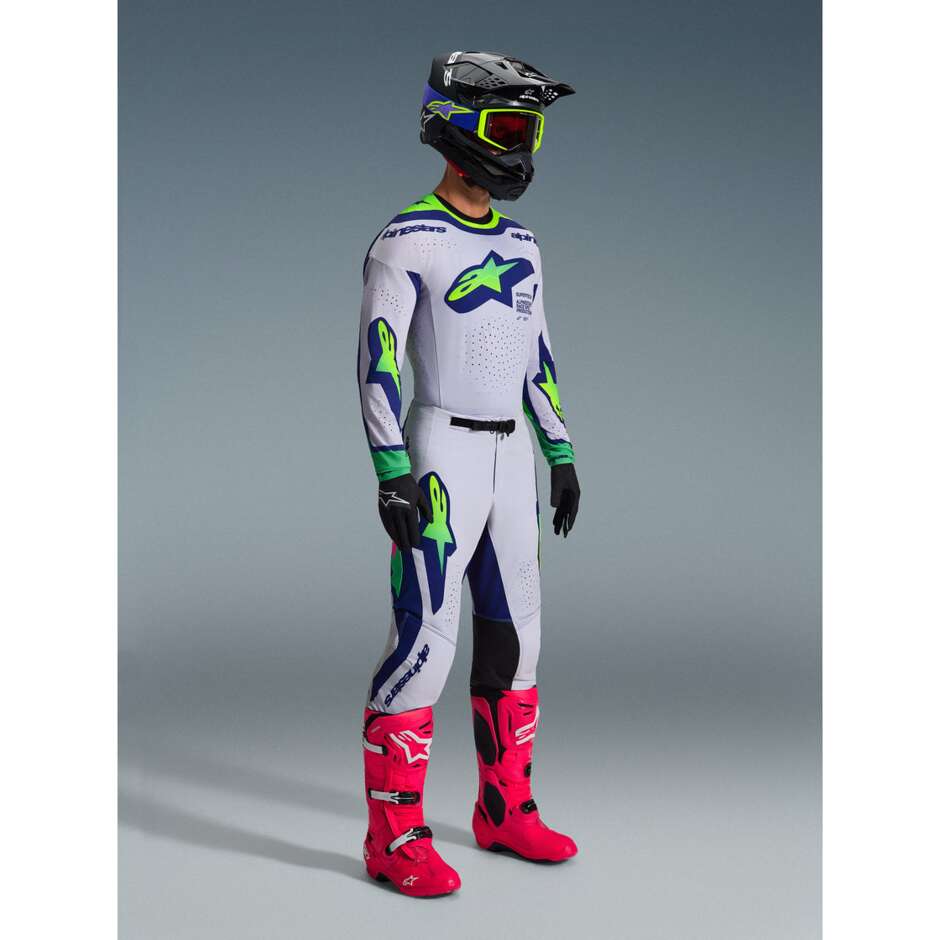 Pantaloni Moto Cross Enduro Alpinestars SUPERTECH VISTA Grigio Chiaro Giallo Fluo Blu