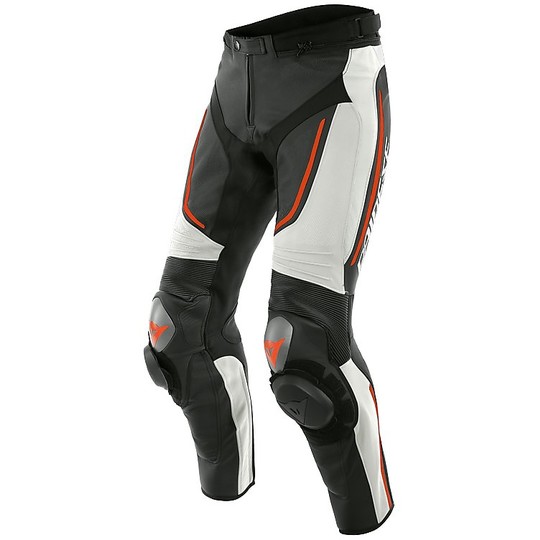 Perforated Dainese Leather Pants ALPHA Perforated White Black Red Fluo