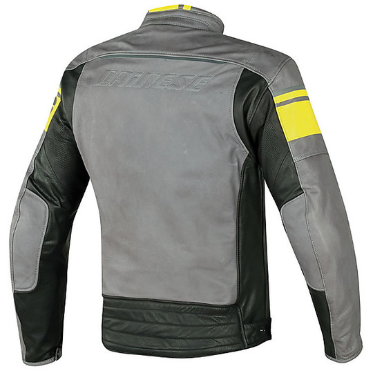 Perforated Leather Motorcycle Jacket Dainese Model BlackJack Yellow Smoke