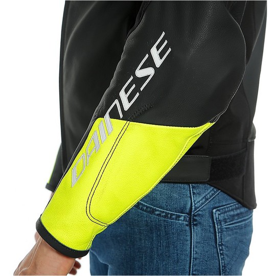 Perforated Motorcycle Jacket in Dainese Leather AGILE Perforated Black White Yellow Fluo