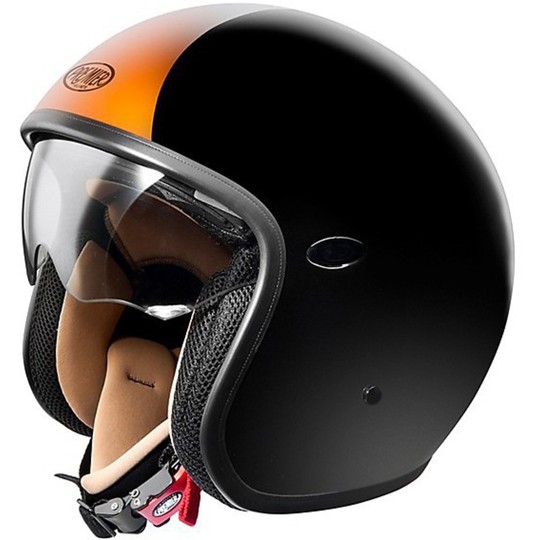 Premier Jet Vintage Motorcycle Helmet Fiber With Integrated visor Black-Orange Opaque
