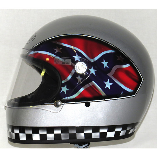 Premier Trophy Integral Motorcycle Helmet Style des années 70 Multi Flag Confederate Silver