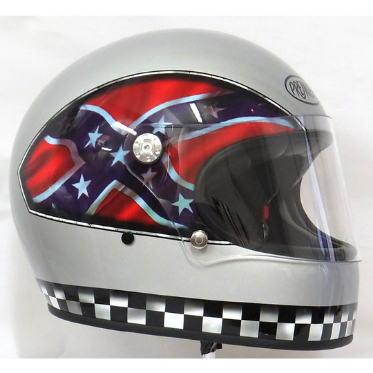 Premier Trophy Integral Motorcycle Helmet Style des années 70 Multi Flag Confederate Silver