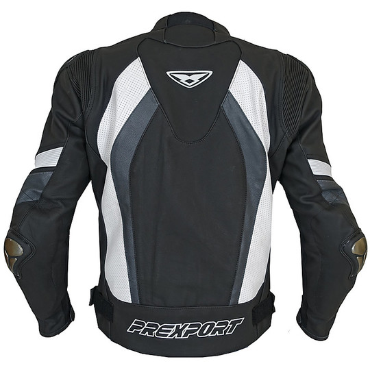 Prexport Strike Sport Motorcycle Leather Jacket Black White Gray
