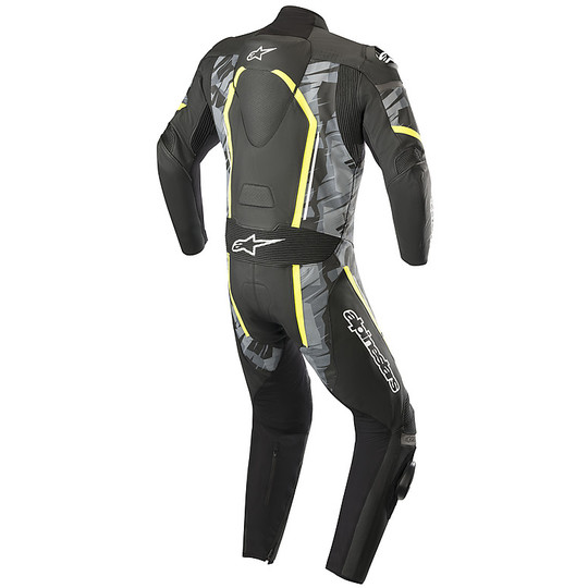 Professional Alpinestars Leather Suit MOTEGI v2 Black Yellow Fluo