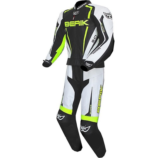 Professional Divisible Leather Motorcycle Suit 2 Pieces Berik 2.0 White Black Fluo Yellow