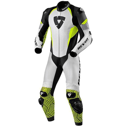 Professioneller Moto Rev'it TRITON Weißer Gelber Trainingsanzug aus Fluo-Leder