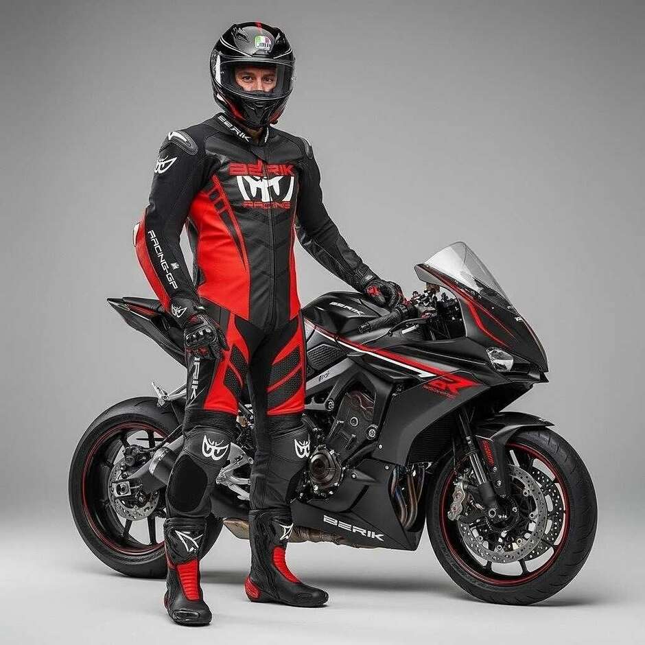 Professioneller Motorrad-Lederanzug Berik 2.0 Ls1-171334SP Valencia Schwarz Rot Fluo