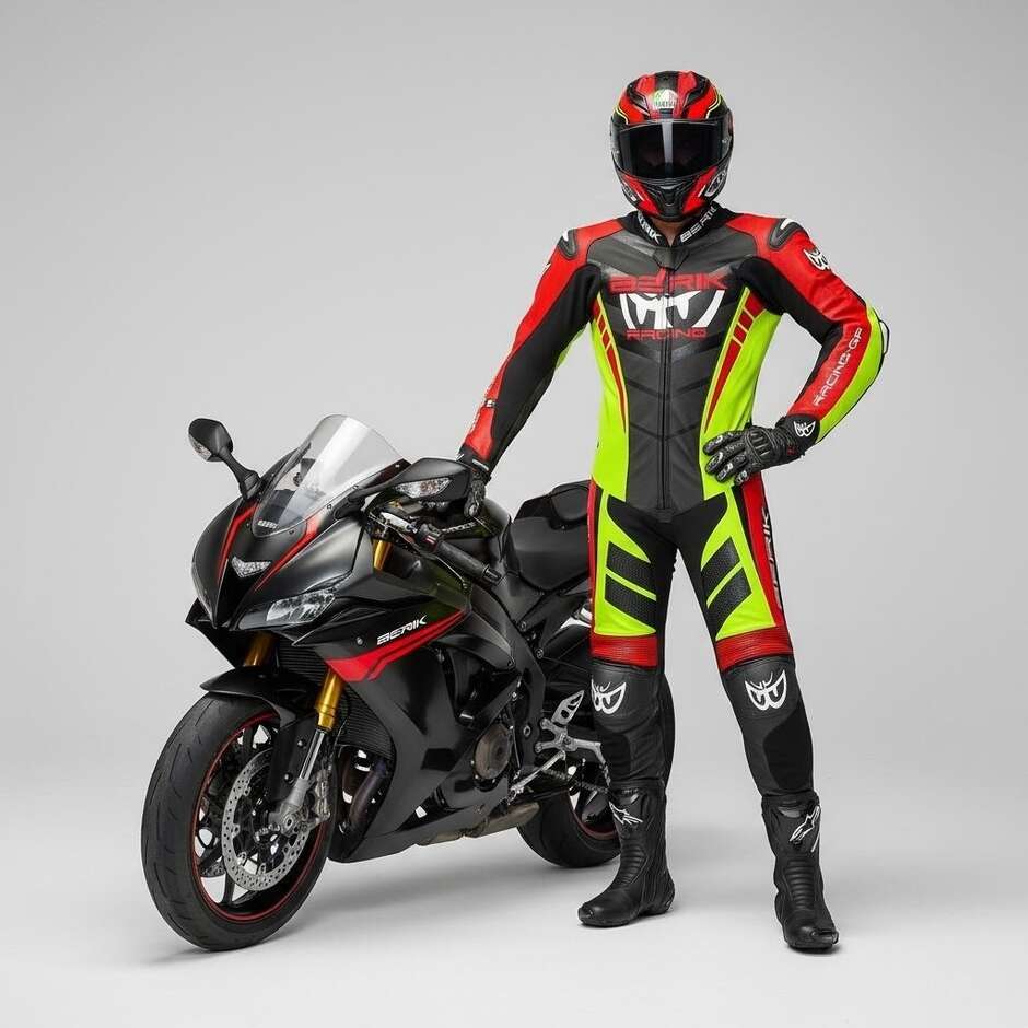 Professioneller Motorrad-Lederanzug Berik 2.0 Ls1-171334SP Valencia Schwarz Rot Gelb Fluo
