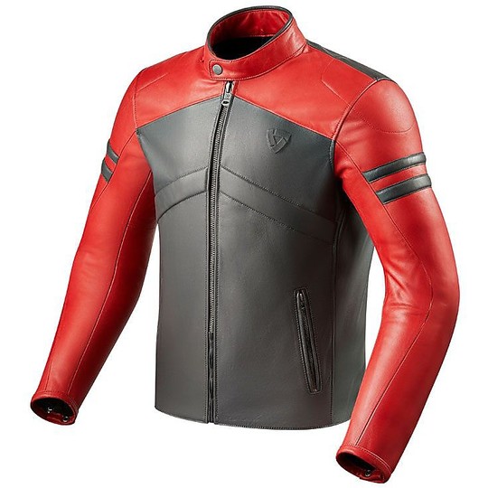 Retro Rev'it PROMETEUS Light Gray Red Leather Motorcycle Jacket
