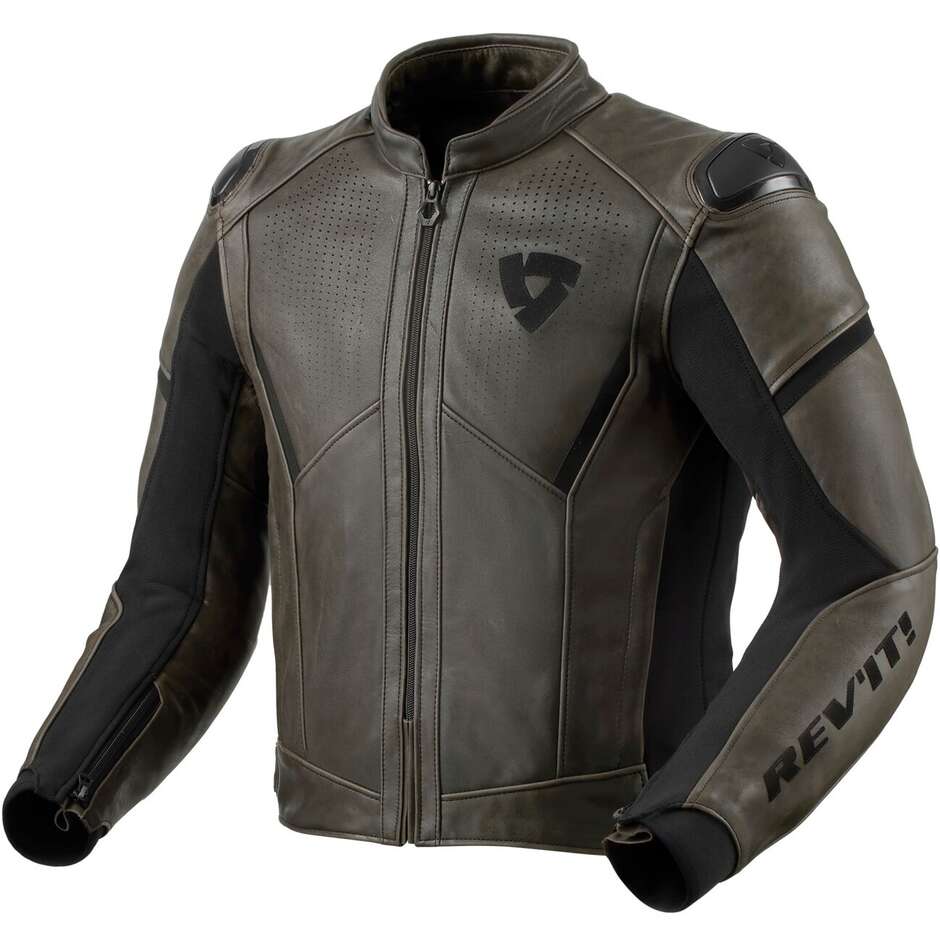Rev'it PARALLAX Black Olive Leather Motorcycle Jacket