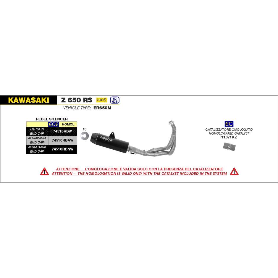 Scarico Completo Arrow Rebel con fondello posteriore in alluminio lucido Per Kawasaki Z 650 RS (21-23)