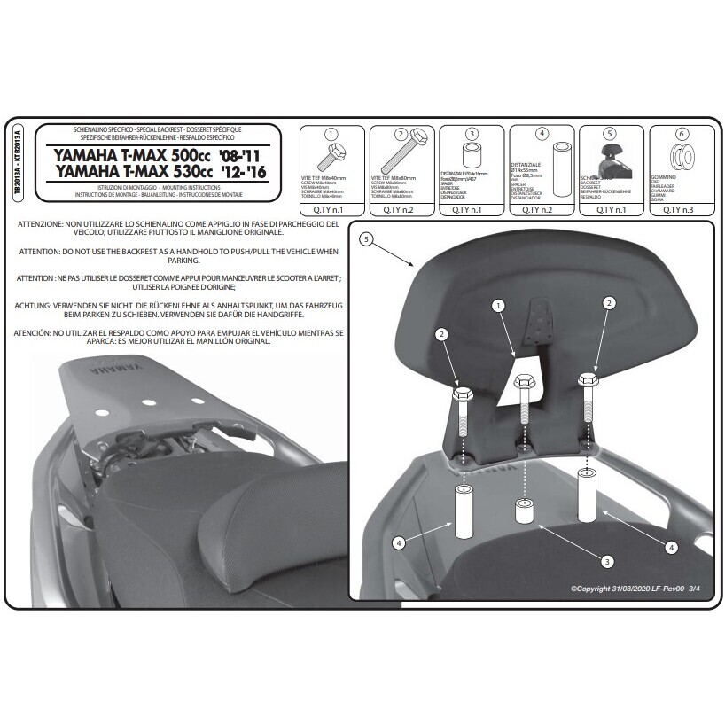 Schienalino specifico per passeggero Givi TB2013A Per YAMAHA T-MAX 500 (08 > 11); T-MAX 530 (12 > 16)
