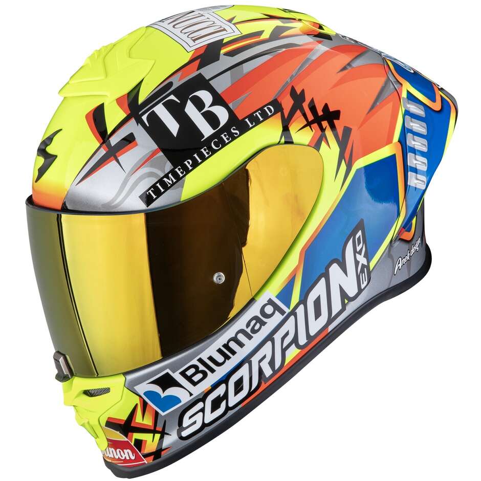 Scorpion EXO-R1 EVO II AIR ARON MISANO Integralhelm Motorrad Silber Neon Gelb Blau