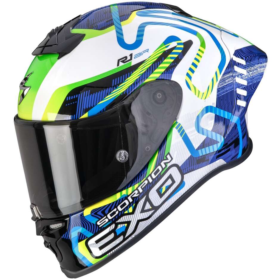 Scorpion EXO-R1 EVO II AIR CORNERING Integralhelm Motorrad Weiß Blau Grün