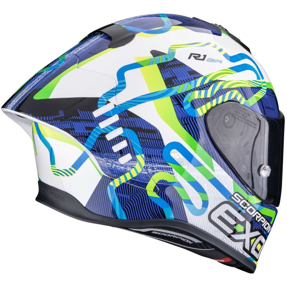 Scorpion EXO-R1 EVO II AIR CORNERING Integralhelm Motorrad Weiß Blau Grün