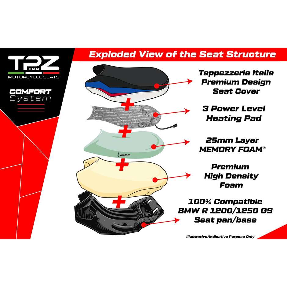 Sella completa TPZ Italia Specifico  BMWPer R 1200 GS 2013-2018 Modello Mainz Heating Complete Comfort Seat - Ribassata