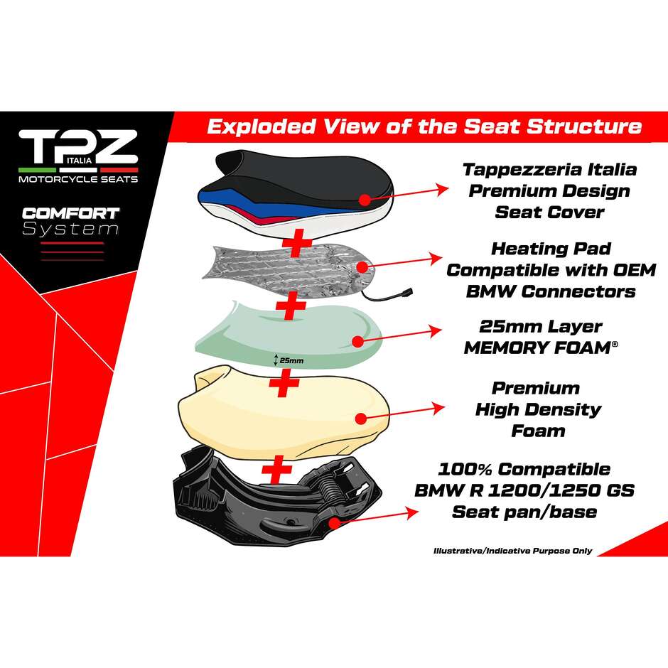 Sella completa TPZ Italia Specifico  BMWPer R 1250 GS 2019-2023 Modello Paphos Heating Complete Comfort Seat - Standard