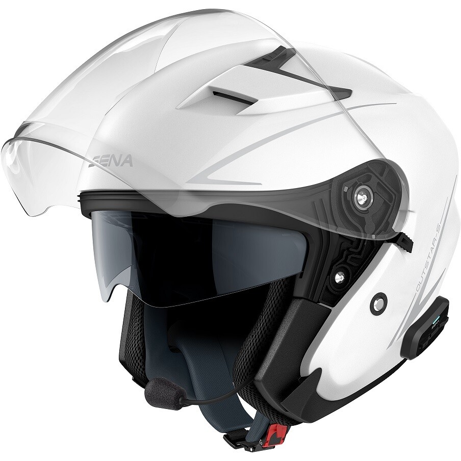 Sena OUTSTAR S Weißer Motorrad-Jethelm mit integriertem Bluetooth