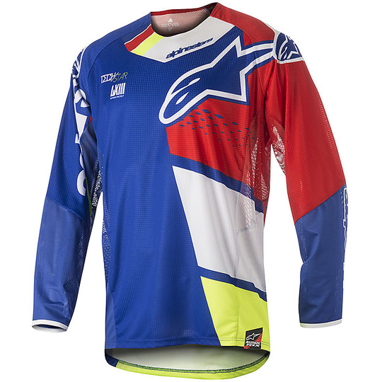 Shirt Moto Cross Enduro TechStar Alpine Fabrik Blau / Rot / Gelb Fluo