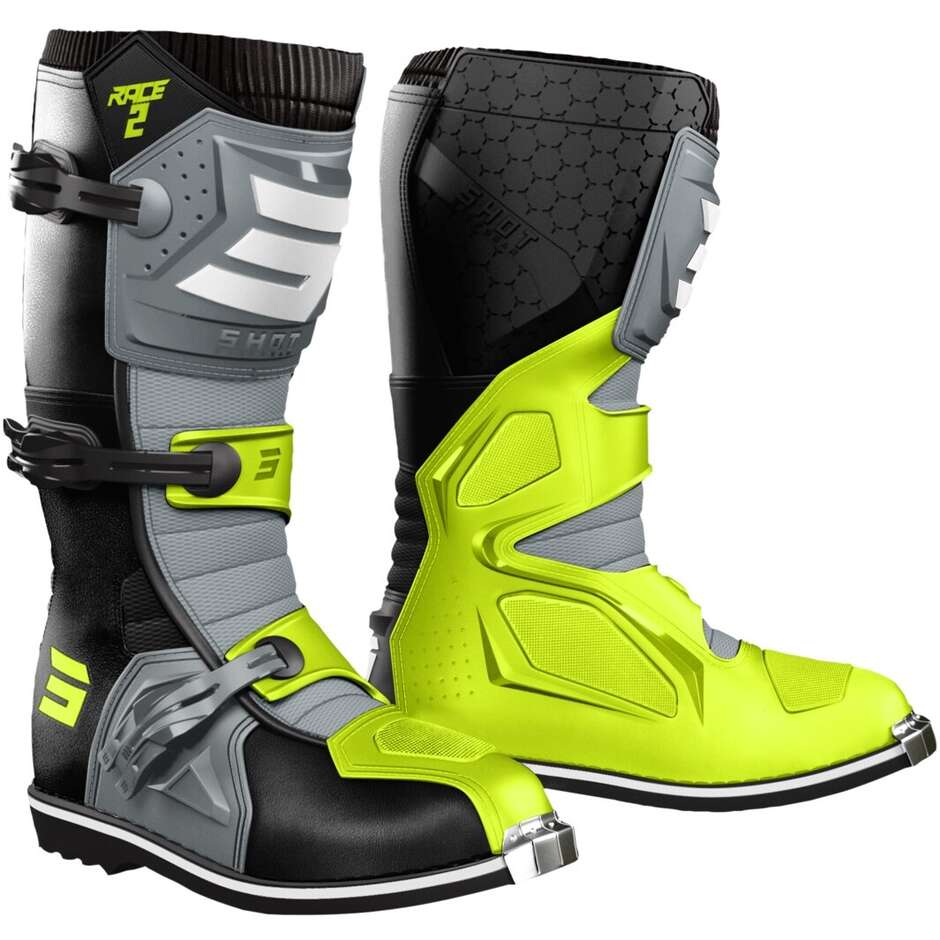 Shot RACE 2 Cross Enduro Motorradstiefel Schwarz Grau Fluo Gelb