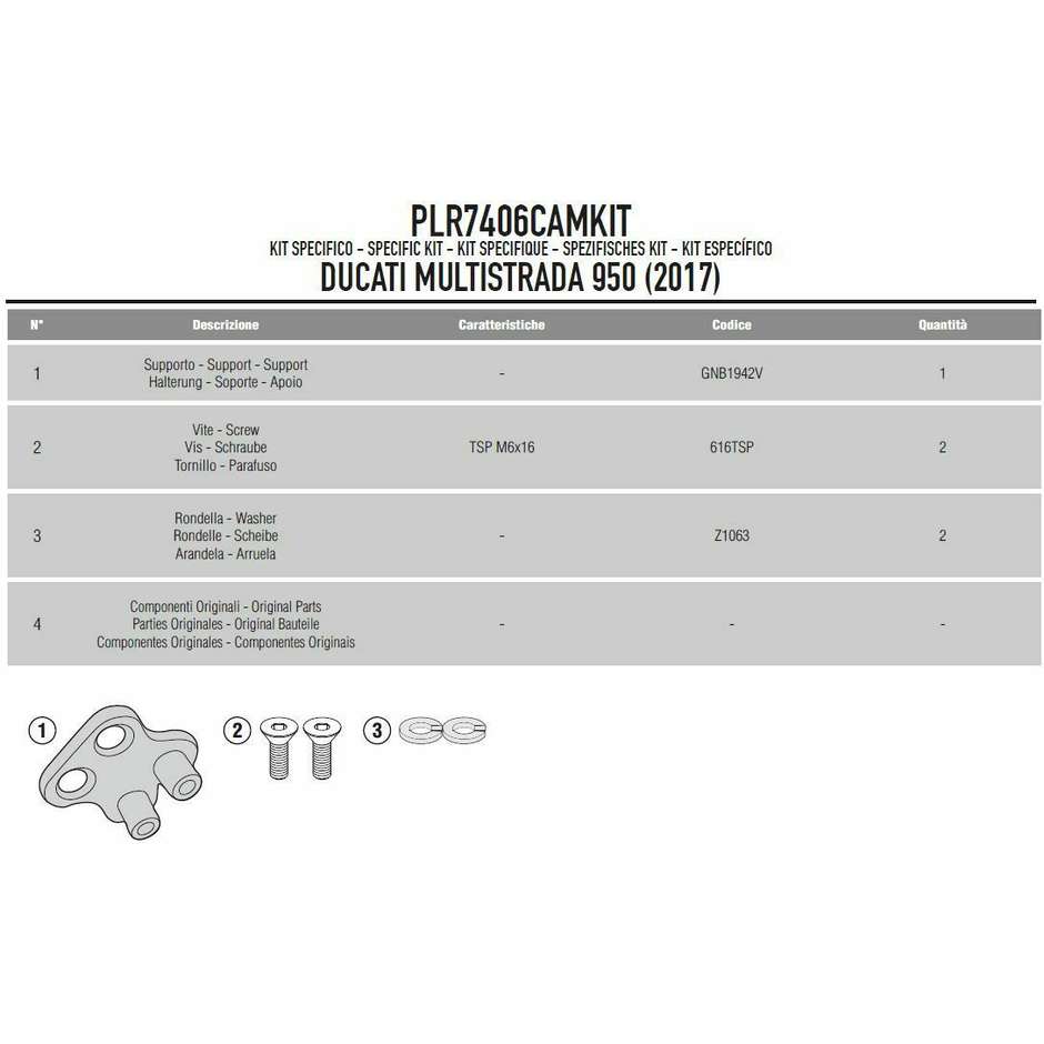 Specific Kit PLR7406CAMKIT To Mount Givi PLR7406CAM frames on Ducati Multistrada 950 (17-18)