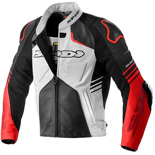 Spidi BOLIDE Perforated Sports Veste de moto en cuir perforé Blanc Noir Rouge
