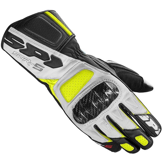 Spidi STR-5 Racing Leather Motorcycle Gloves Black White Yellow