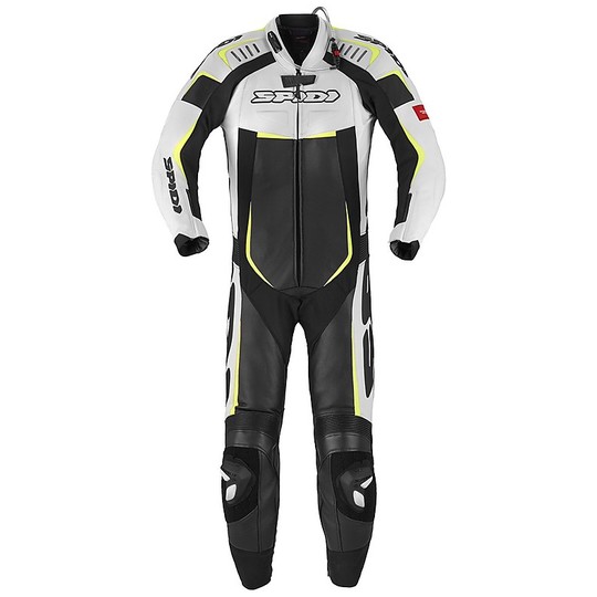 Spidi TRACK WIND PRO Full Racing Combinaison de moto professionnelle en cuir noir blanc jaune fluo