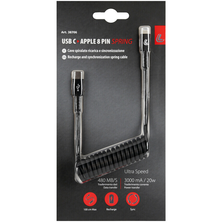 Spiral-USB-Kabel für Lampen, Typ-C > Apple 8-Pin – 100 cm – Schwarz