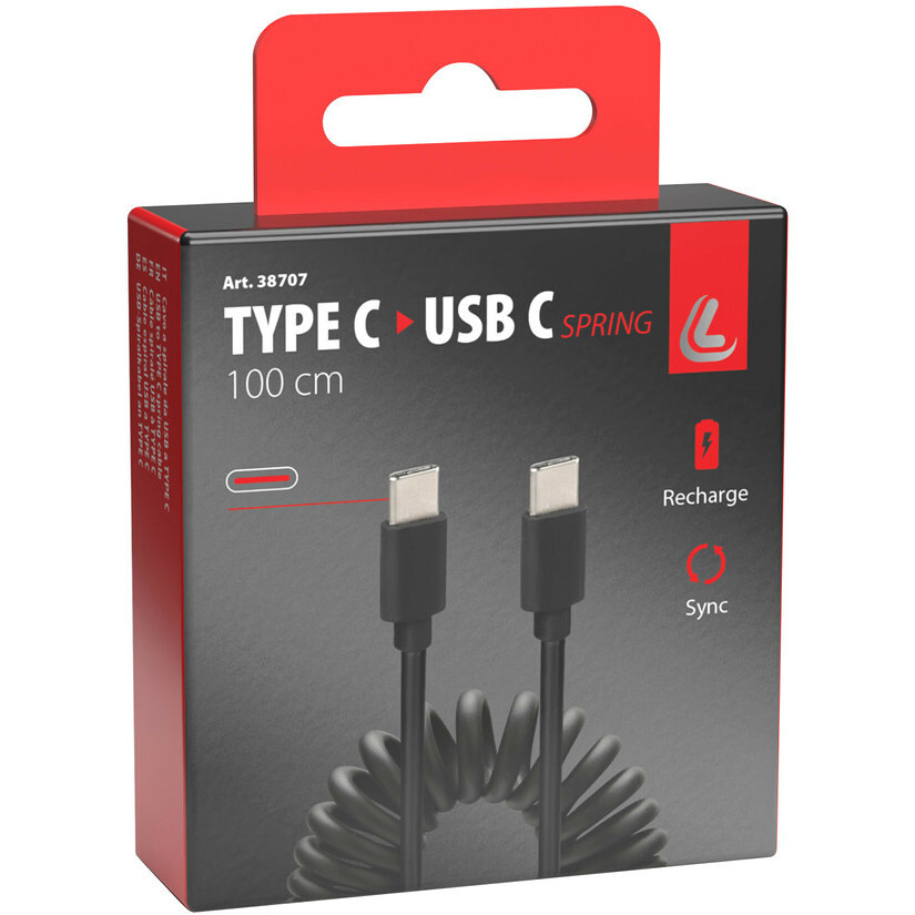 Spiral-USB-Kabel mit Lampe, Typ-C auf Typ-C – 100 cm – Schwarz