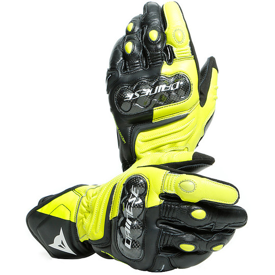 Sport Motorcycle Gloves in Dainese CARBON 3 LONG Leather Black Yellow Fluo
