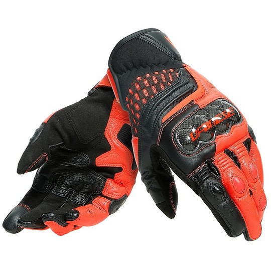 Sport Motorcycle Gloves in Dainese CARBON 3 SHORT Leather Black Red Fluo