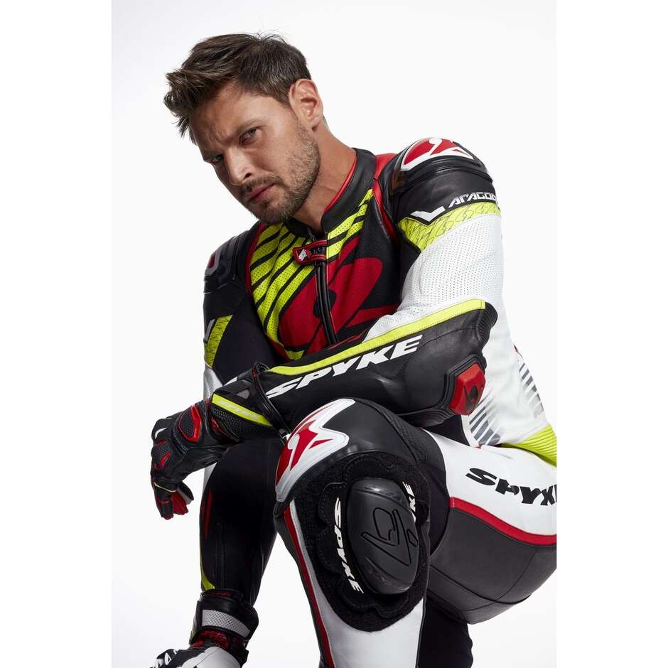 Spyke ARAGON RACE Full Leather Motorcycle Suit Black White Yellow Fluo Red