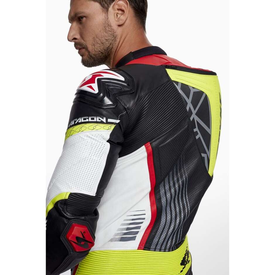 Spyke ARAGON RACE Full Leather Motorcycle Suit Black White Yellow Fluo Red