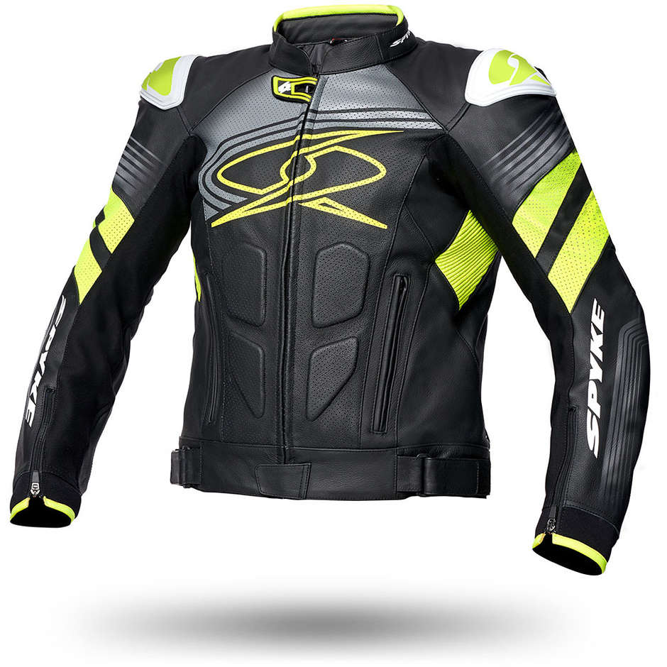 Spyke ESTORIL EVO Racing Leather Motorcycle Jacket Black Yellow Fluo