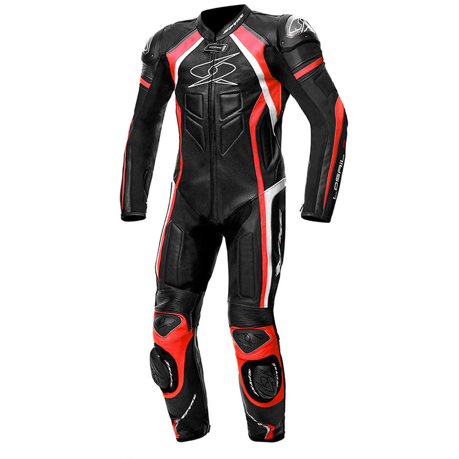 Spyke Losail Race CE Combinaison de moto professionnelle en cuir intégral noir rouge blanc