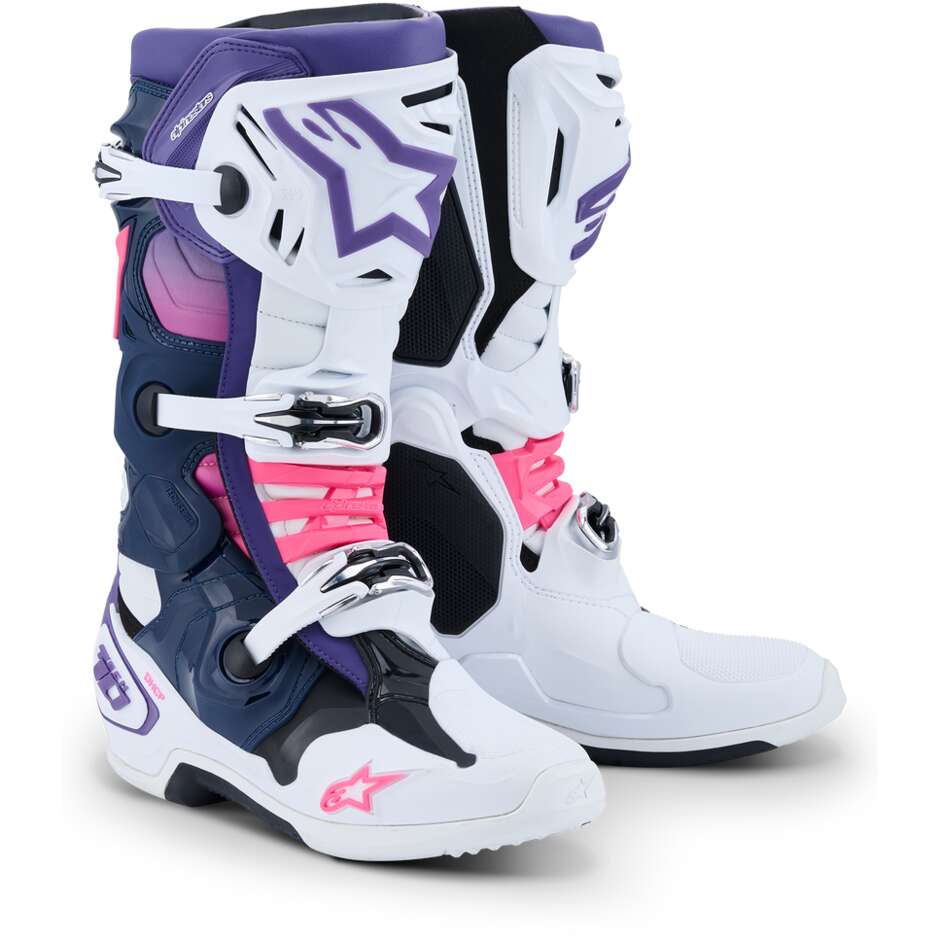 Stivali Moto Cross Enduro Alpinestars TECH 10 Bianco Viola Navy Blu Rosa Fluo