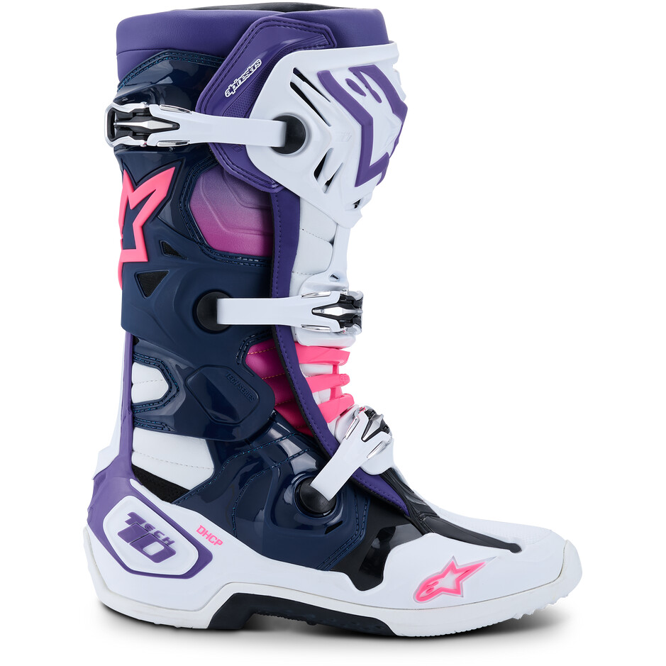 Stivali Moto Cross Enduro Alpinestars TECH 10 Bianco Viola Navy Blu Rosa Fluo