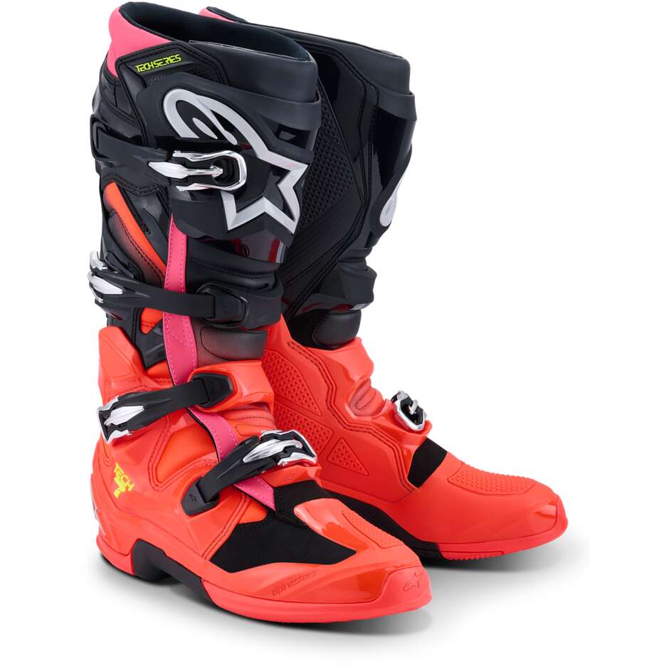 Stivali Moto Cross Enduro Alpinestars TECH 7 Nero Rosso Fluo Rosa Fluo