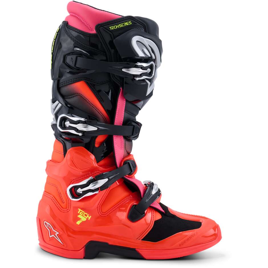 Stivali Moto Cross Enduro Alpinestars TECH 7 Nero Rosso Fluo Rosa Fluo