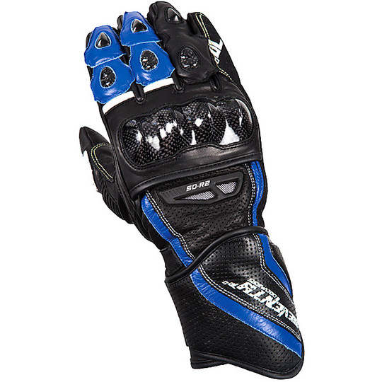 Technical Motorcycle Gloves Racing in Seventy R2 Leather Black Blue Homologated