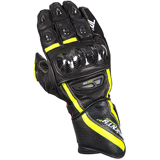 Technical Motorcycle Gloves Racing in Seventy R2 Leather Black Yellow Homologated