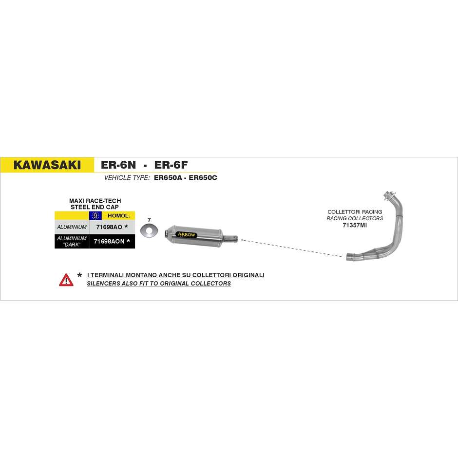 Terminale di Scarico Arrow Maxi Race-Tech Approved alluminio Per Kawasaki ER-6N / ER-6F (05-11); Versys 650 (07-14)